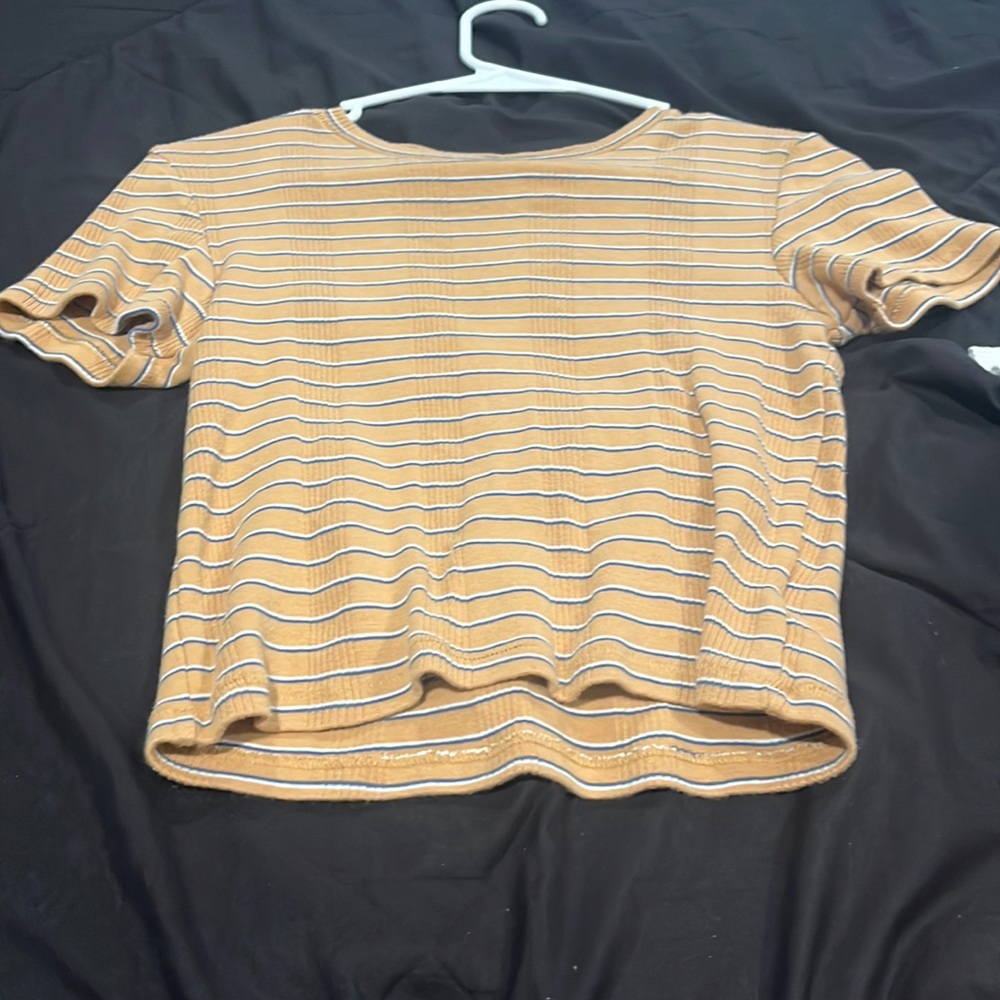 t-shirt, tan blue and white stripped, AE